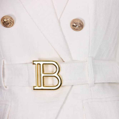 Women's White Pantsuit Gold Button Tie Belt Double Breasted Two Pieces Jacquard Suit