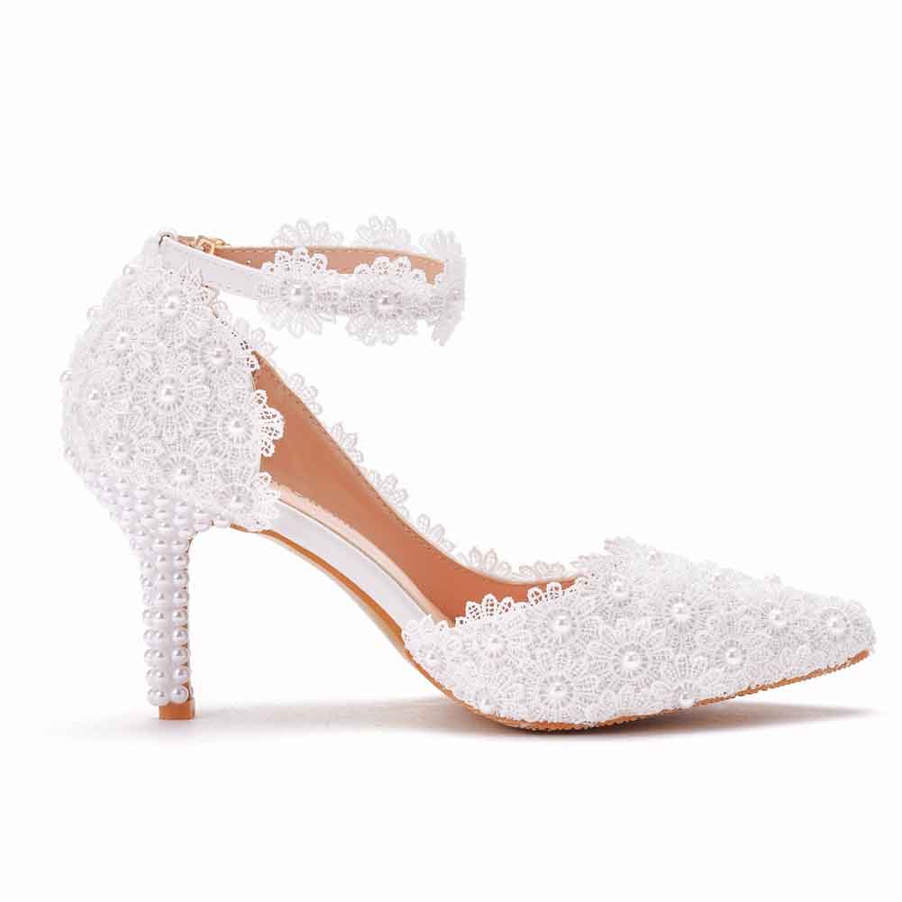 Women White Wedding Lace-up Sandals High Heels Bridal Mary jane shoes