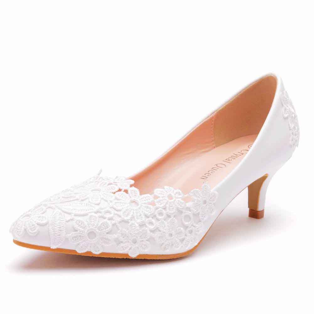 Women Low Heels Closed Toe Pumps Pointy Wedding Bridal Shoes with Stitching Lace