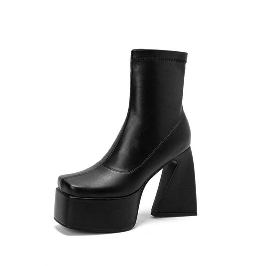 Black women chunky high heel ankle boots with a stylish platform design for fashionable outfits