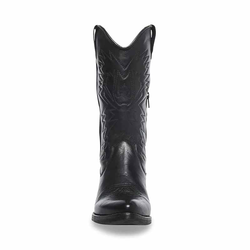 Women's embroidered cowboy boots in black with intricate stitching and classic cowboy design
