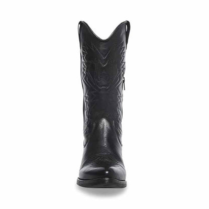 Women's embroidered cowboy boots in black with intricate stitching and classic cowboy design