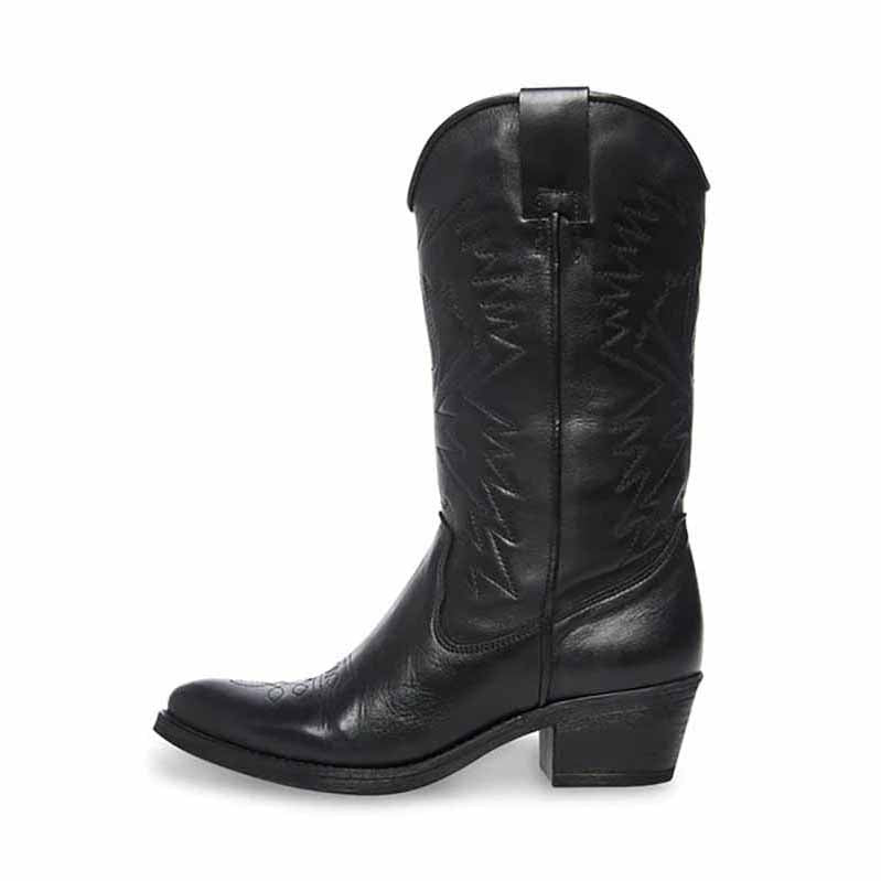 Black women's embroidered cowboy boots with stylish stitching and a classic silhouette