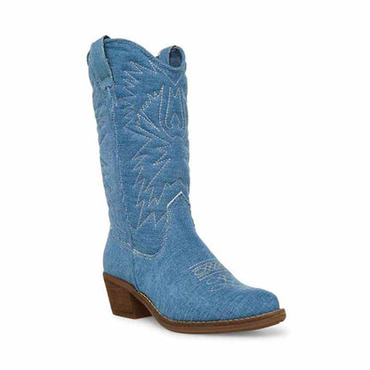Women's embroidered cowboy boots in blue with detailed stitching and a sturdy heel