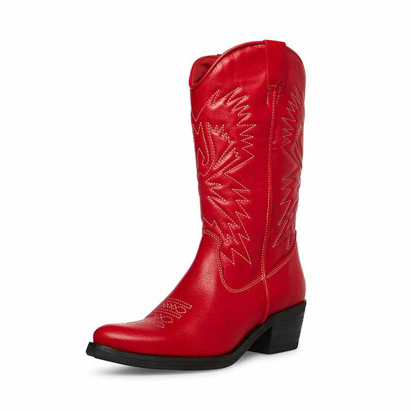 Stylish red women's embroidered cowboy boots with unique stitching and a classic design