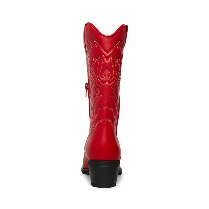 Back view of women's embroidered cowboy boots in red with intricate stitching and a stylish heel