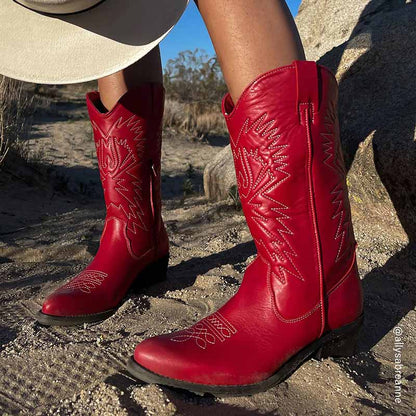Women's embroidered cowboy boots in red with detailed stitching for a stylish western look