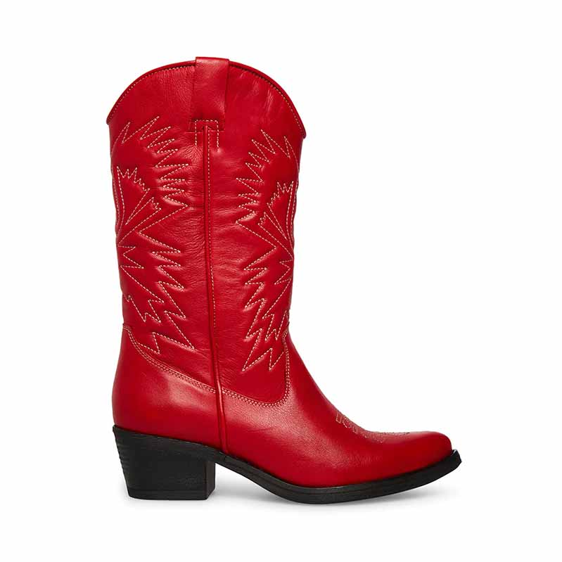 Red women's embroidered cowboy boots with stylish stitching and a classic design