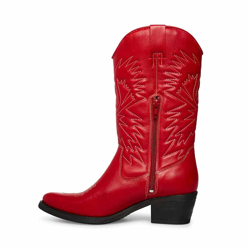 Women's embroidered cowboy boots in red with stylish stitching and a classic design