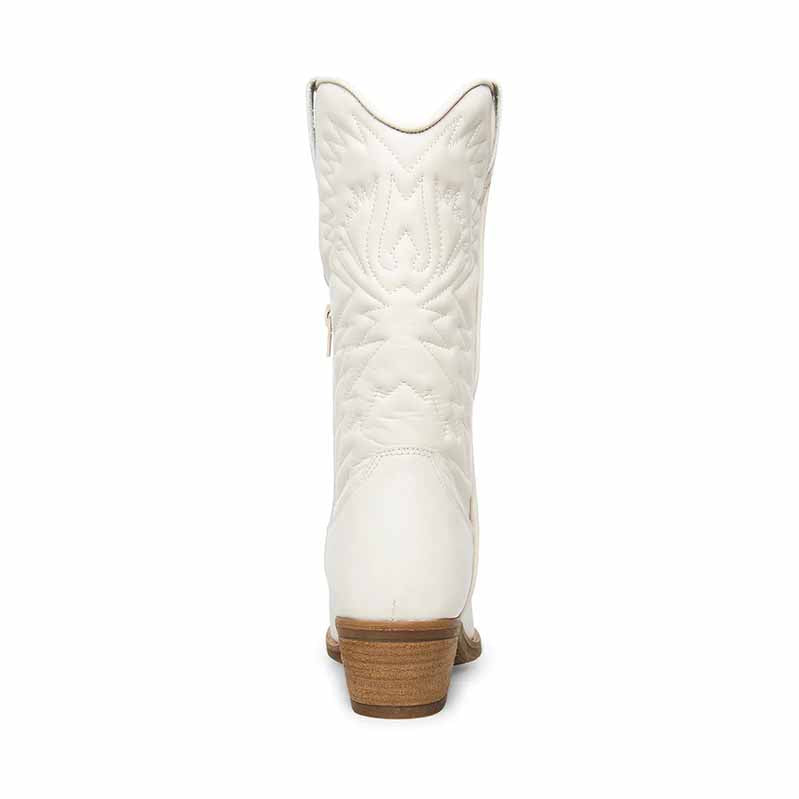 Back view of women's embroidered cowboy boots with detailed stitching and stylish heel