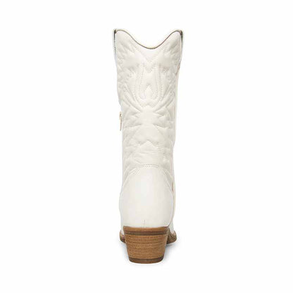 Back view of women's embroidered cowboy boots with detailed stitching and stylish heel