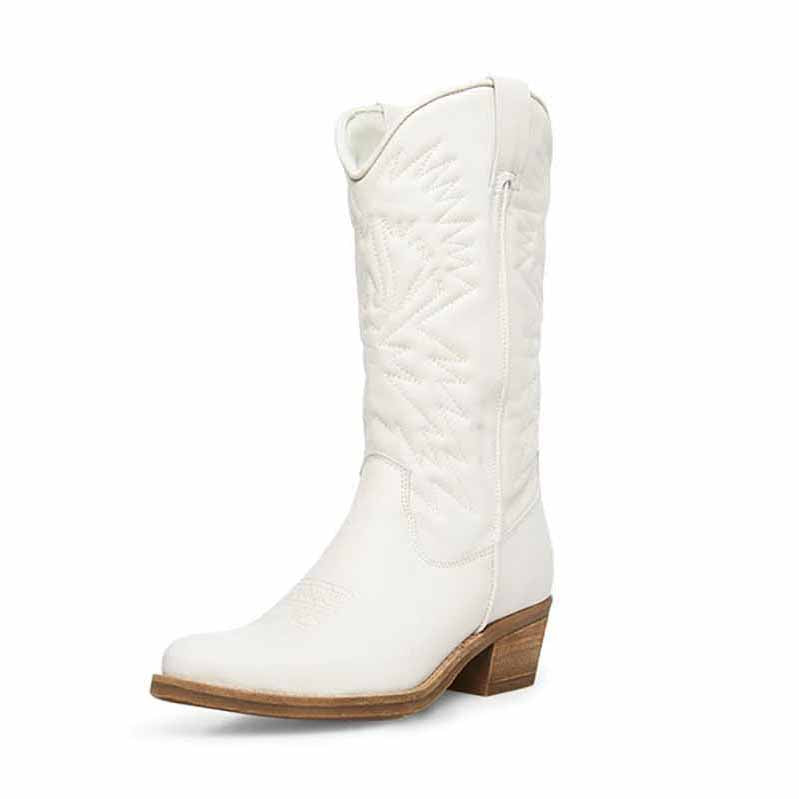 White women's embroidered cowboy boots with a stylish design and comfortable heel for fashionable cowgirl outfits