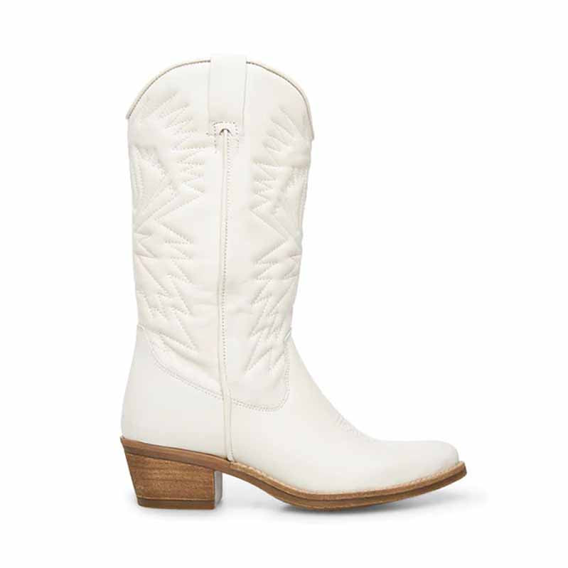 Stylish women's embroidered cowboy boots in white with decorative stitching and a stacked heel