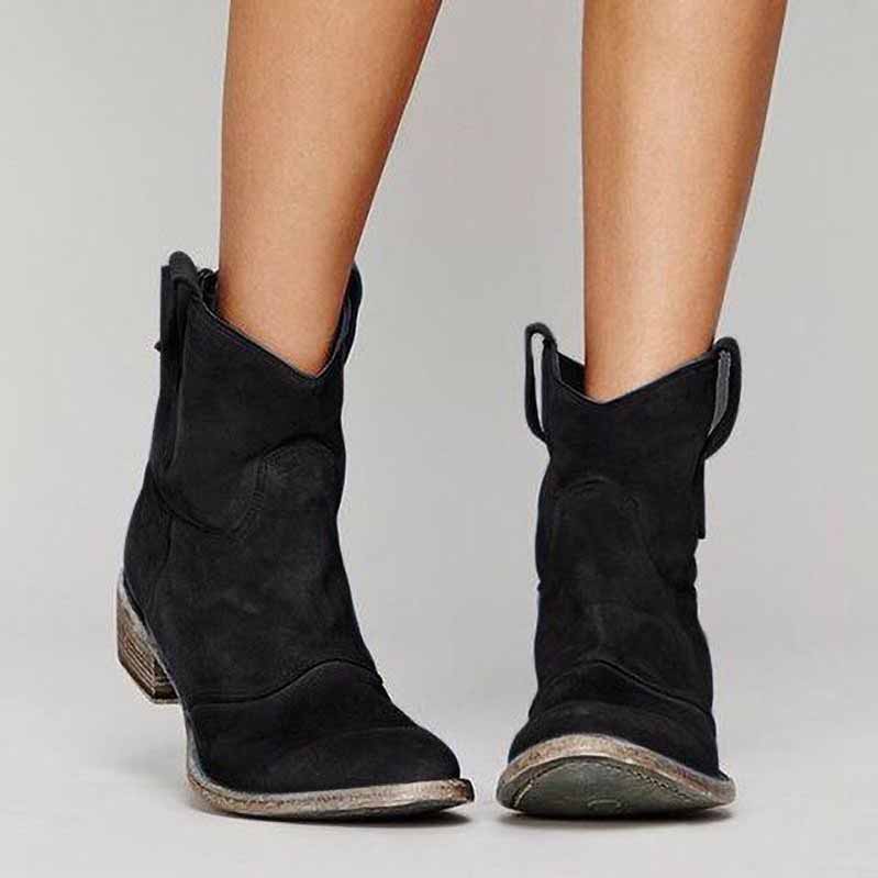 Stylish black sd-hk low heel ankle booties for women with a soft suede finish and unique design