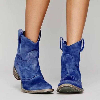 Stylish blue low heel ankle booties for women with a comfortable fit and modern design