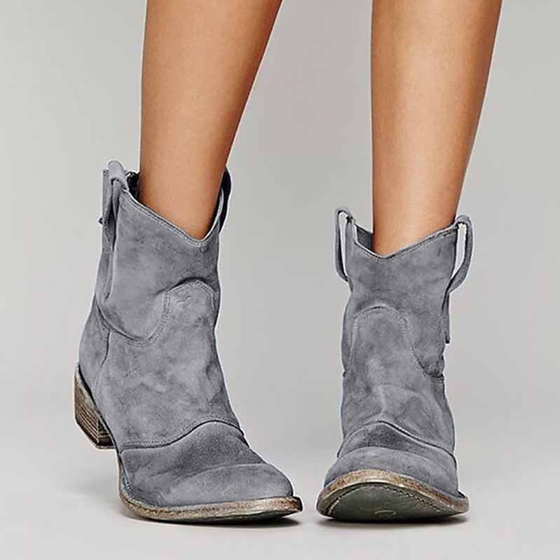 Gray low heel ankle booties for women with stylish western design and comfortable fit