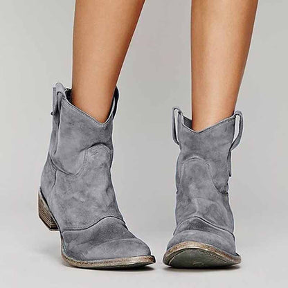 Gray low heel ankle booties for women with stylish western design and comfortable fit
