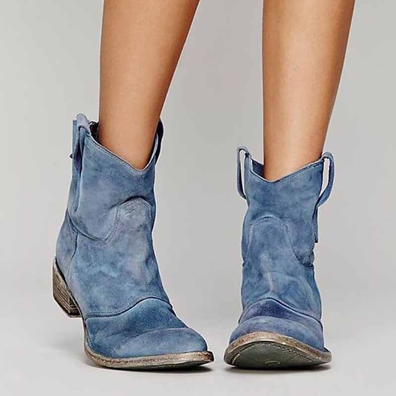 Stylish blue low heel ankle booties for women with easy pull-on design and soft suede finish