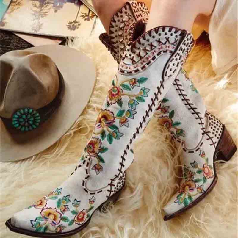 Women's Retro Western Cowboy Boots Embroidered Mid Calf Chunky Heel shoes