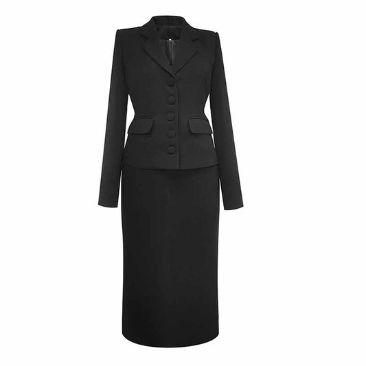 Women's black skirt suit featuring a fitted blazer and pencil skirt for a polished look