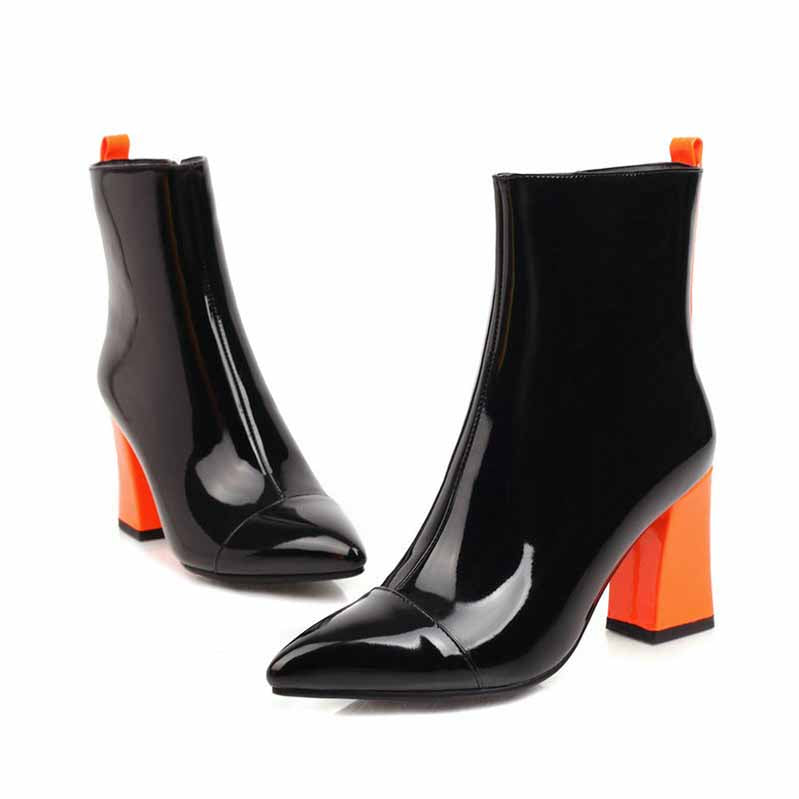 Women's block heel ankle boots in black with orange heel for stylish comfort