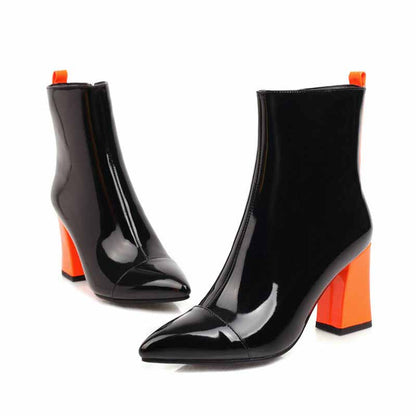 Women's block heel ankle boots in black with orange heel for stylish comfort