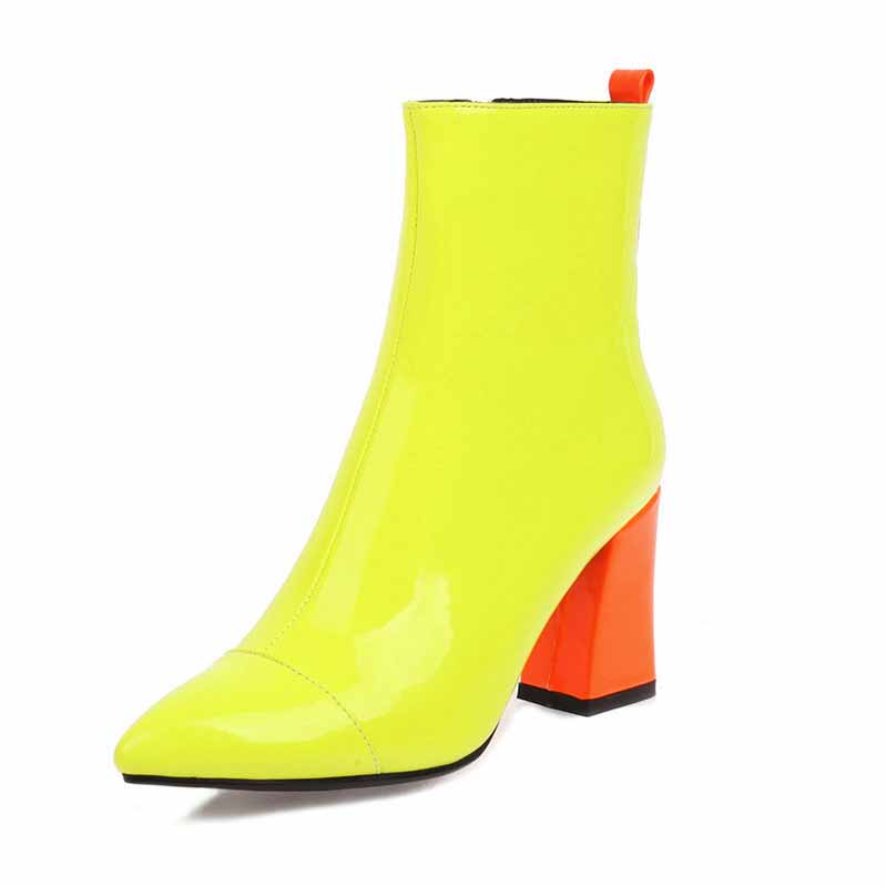 Bright yellow women's block heel ankle boots with an orange accent for a stylish look