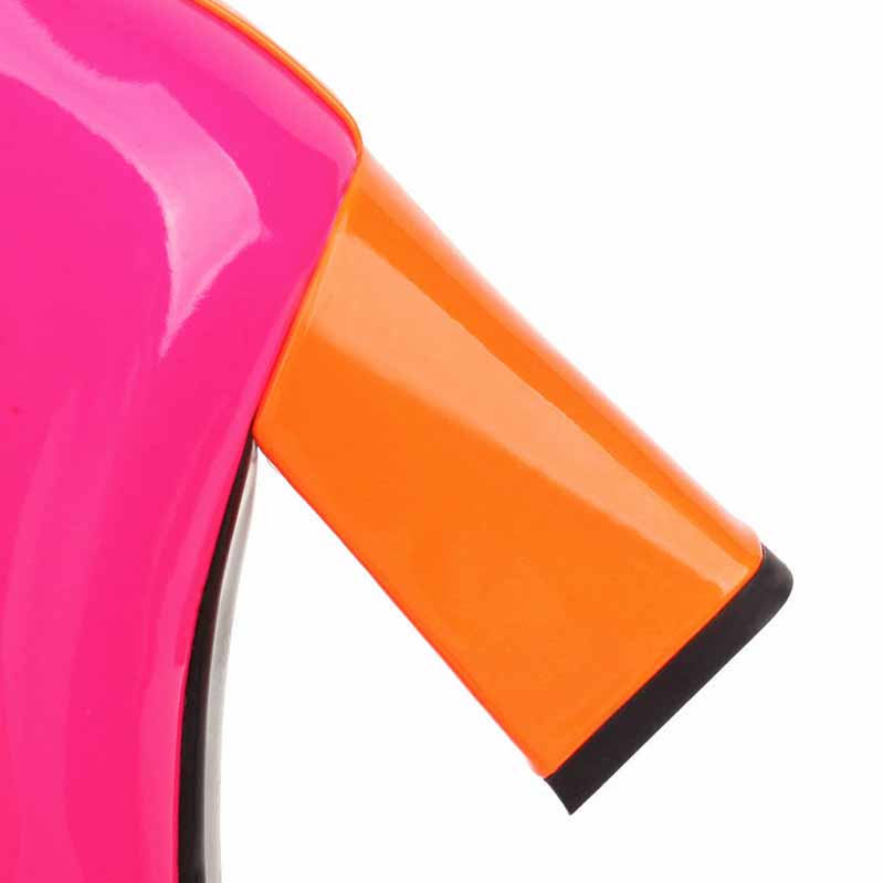 Colorful women's block heel ankle boots in pink and orange with stylish design for trendy outfits