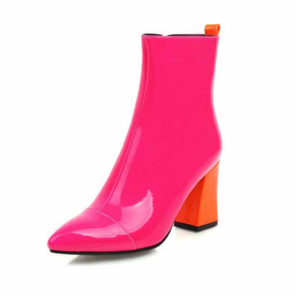Bright pink women's block heel ankle boots with a stylish orange accent