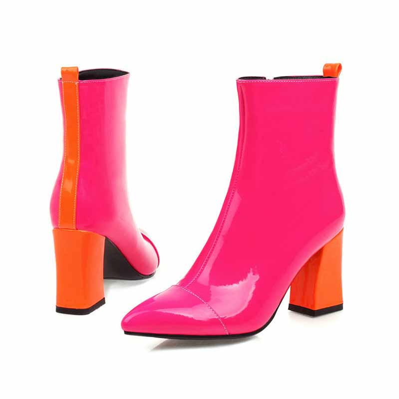 Women's block heel ankle boots in vibrant pink with orange accents for stylish fall fashion