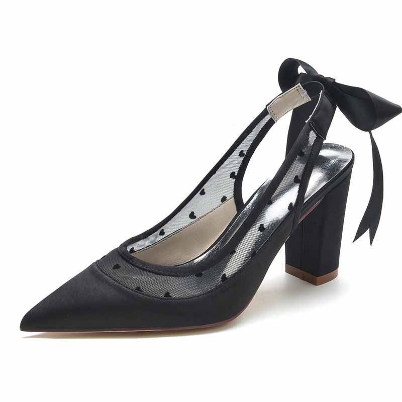 Elegant women's block heel wedding shoes with black satin finish and stylish ribbon detail