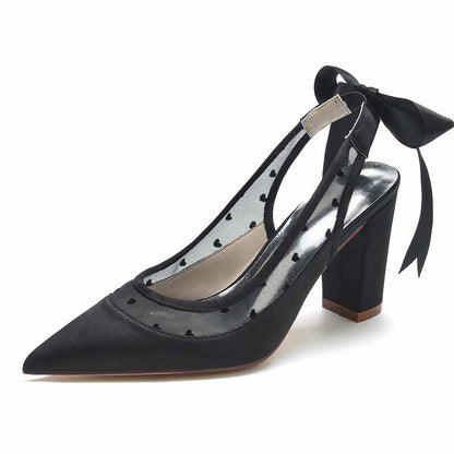 Elegant women's block heel wedding shoes with black satin finish and stylish ribbon detail