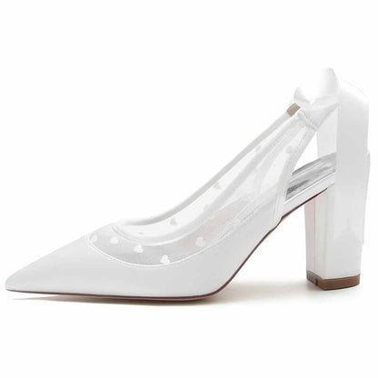 Elegant women's block heel wedding shoes in white with a pointed toe and lace detailing