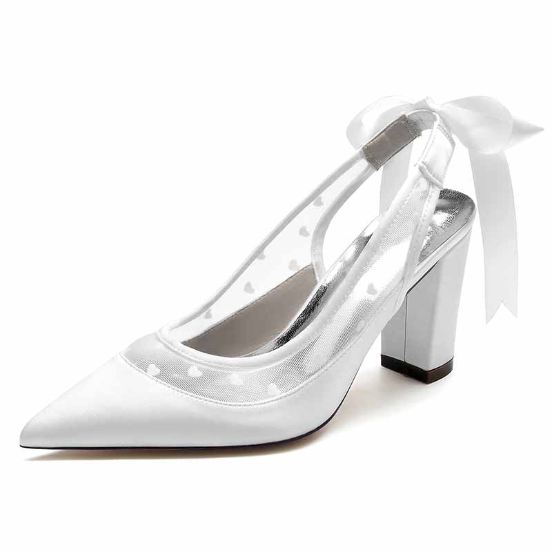 Elegant women's block heel wedding shoes with heart-patterned mesh and ribbon ankle strap