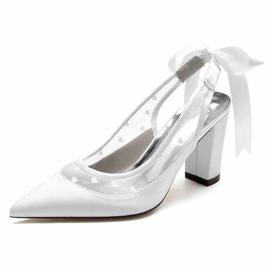 Elegant women's block heel wedding shoes with heart-patterned mesh and ribbon ankle strap