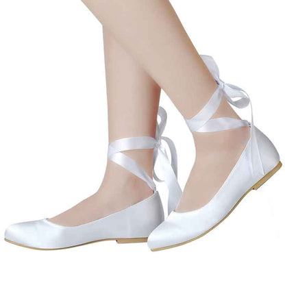 Elegant women's bridal satin flats with ribbon straps for a stylish wedding look