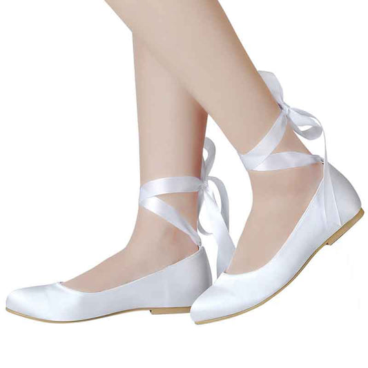 Elegant women's bridal satin flats with ribbon straps for a stylish wedding look