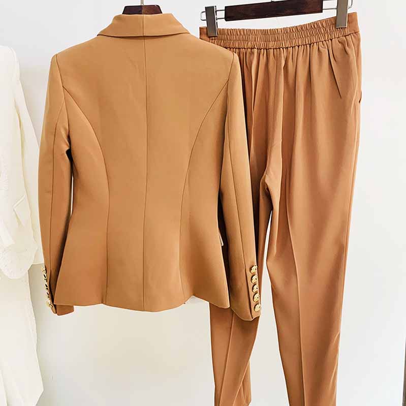 Stylish women's camel pantsuit for work featuring a tailored blazer and matching elastic waistband trousers