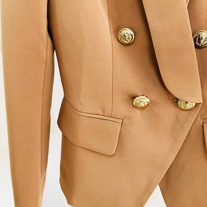 Elegant women's camel pantsuit for work featuring a tailored blazer with gold buttons