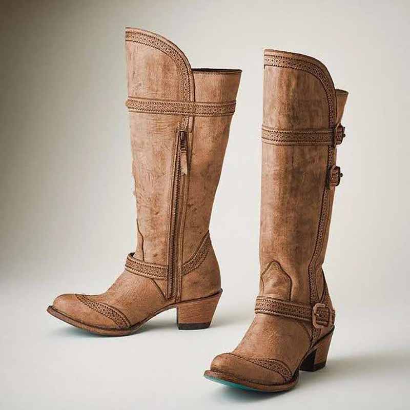 Elegant S&DCo. women's country cowboy boots in tan with stylish buckles and a comfortable heel
