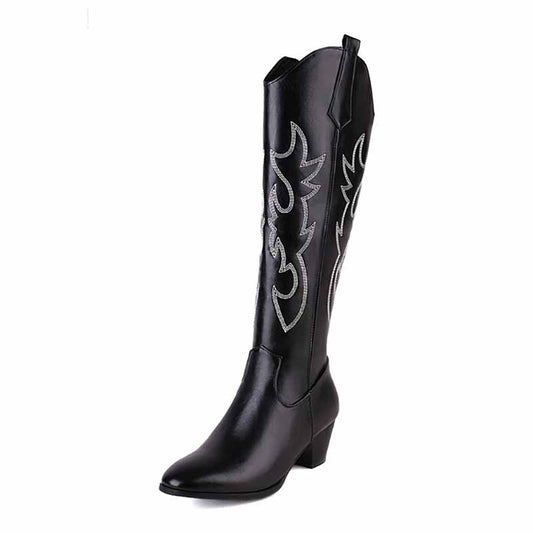 women's embroidered cowboy boots in black with decorative stitching and stylish design