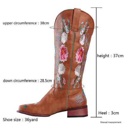 Women's embroidered cowboy boots featuring floral designs and detailed measurements for perfect fit
