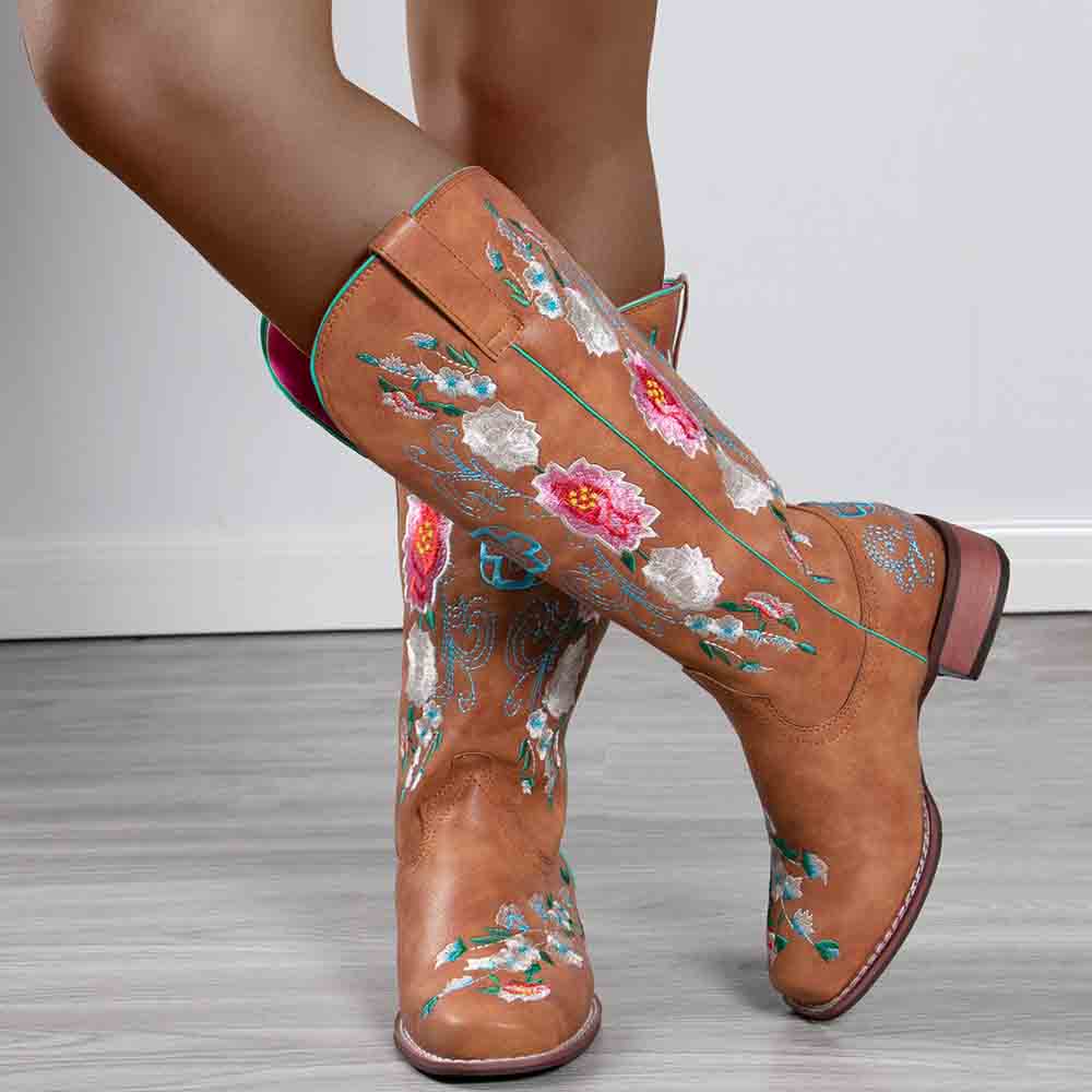 Stylish women's embroidered cowboy boots in brown with colorful floral designs