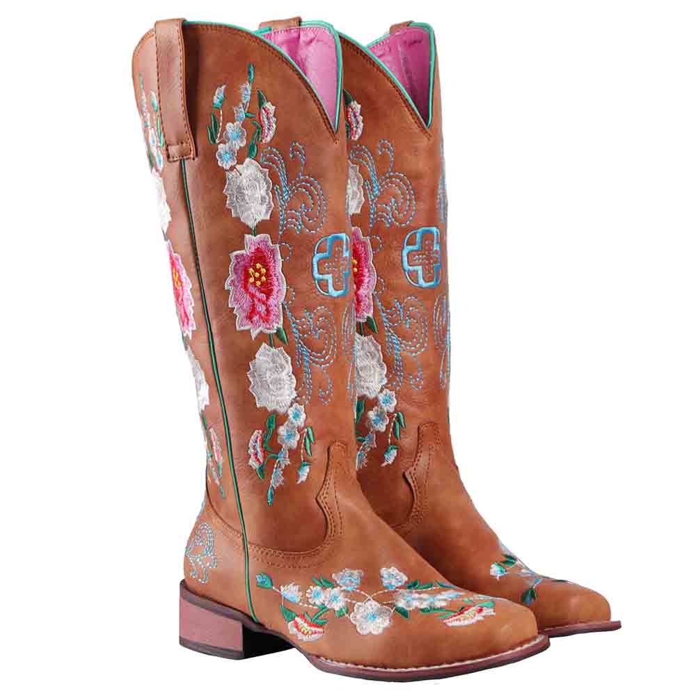 Stylish women's embroidered cowboy boots in tan leather with colorful floral designs and a western flair