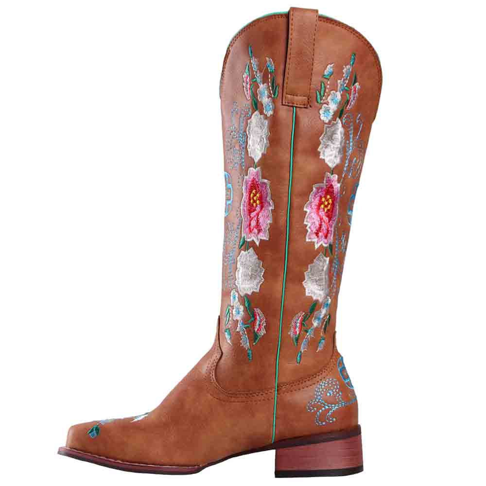 Women's embroidered cowboy boots in brown leather with colorful floral designs and a stylish silhouette