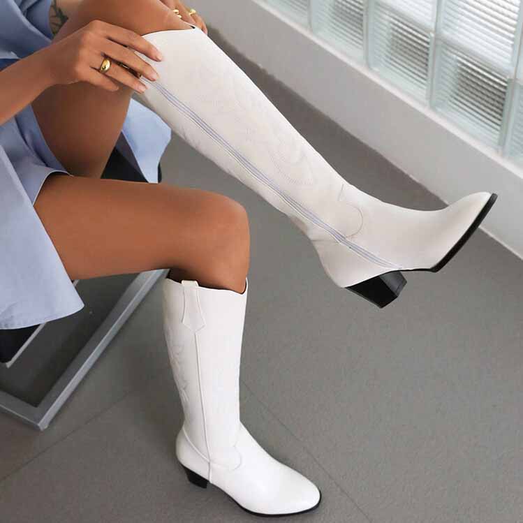 women's embroidered cowboy boots in white, featuring stylish stitching and a sleek design