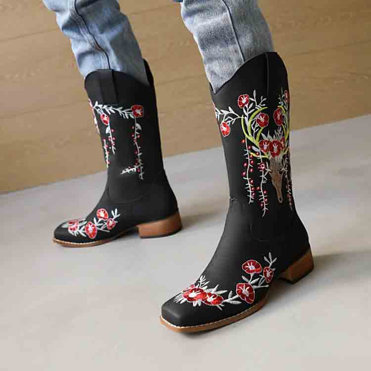 Stylish women's embroidered cowgirl boots with vibrant floral designs and comfortable fit