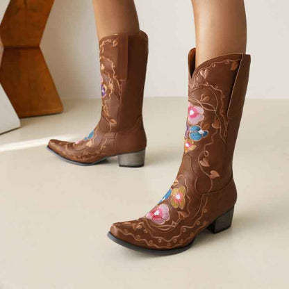 Women's embroidered cowgirl boots with floral designs and a comfortable block heel for stylish wear