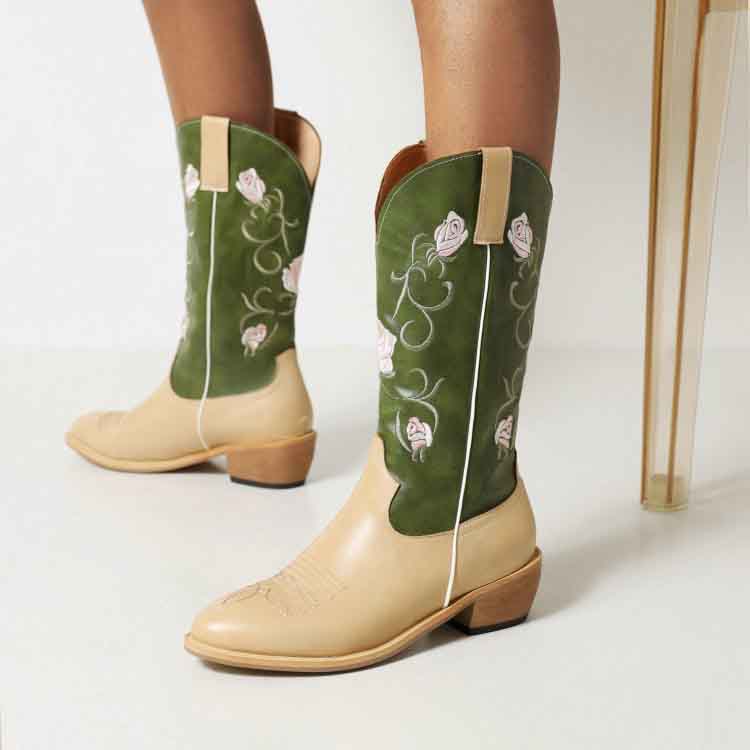 Stylish women's embroidered cowgirl boots in beige and green with floral designs for a trendy look