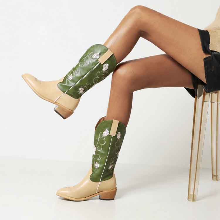 Stylish women's embroidered cowgirl boots in green and beige with decorative stitching